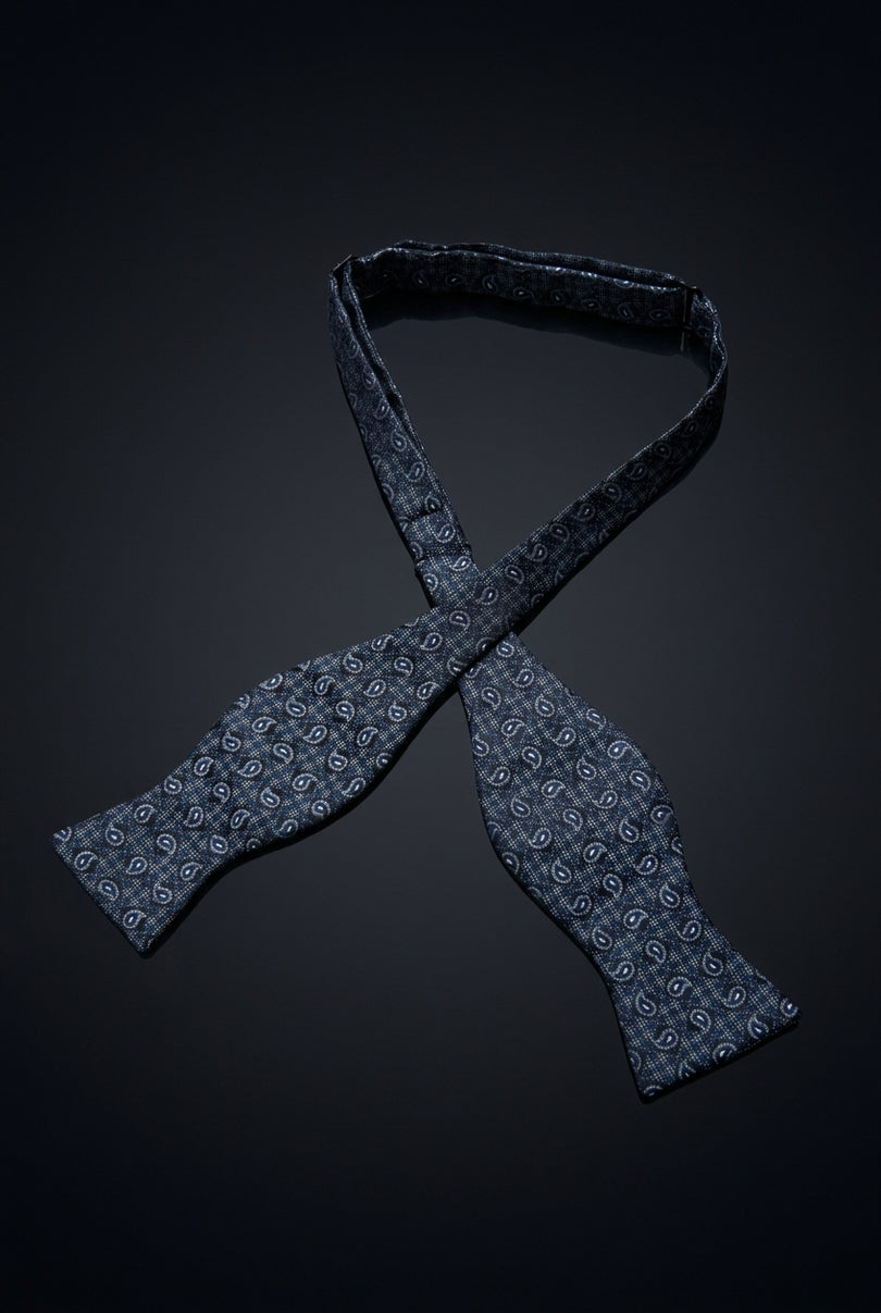 Self-Tie Bow Tie - Dark Blue Paisley - untied