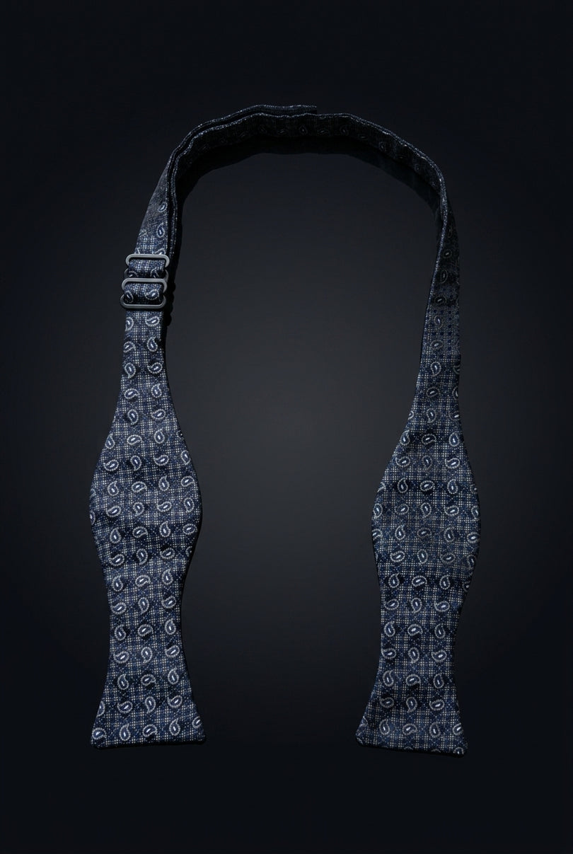Self-Tie Bow Tie - Dark Blue Paisley - untied