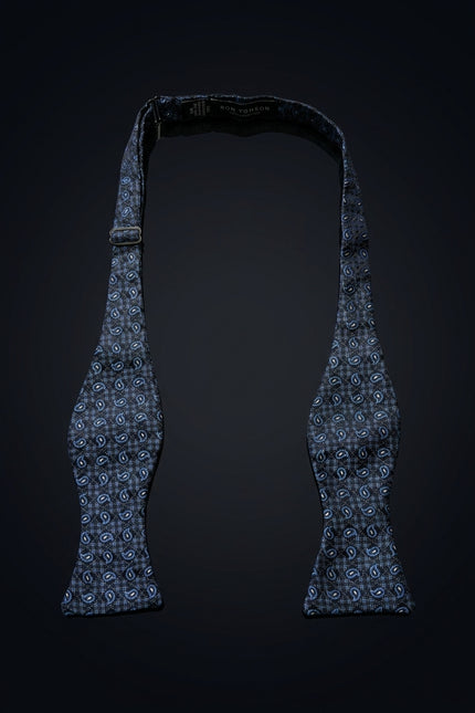 Self-Tie Bow Tie - Navy Blue And Light Blue Paisley - untied