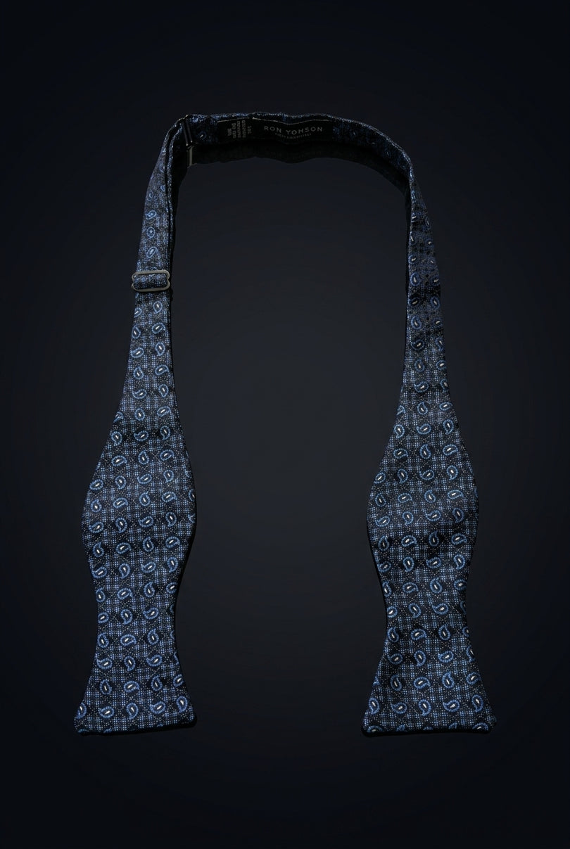 Self-Tie Bow Tie - Navy Blue And Light Blue Paisley - untied