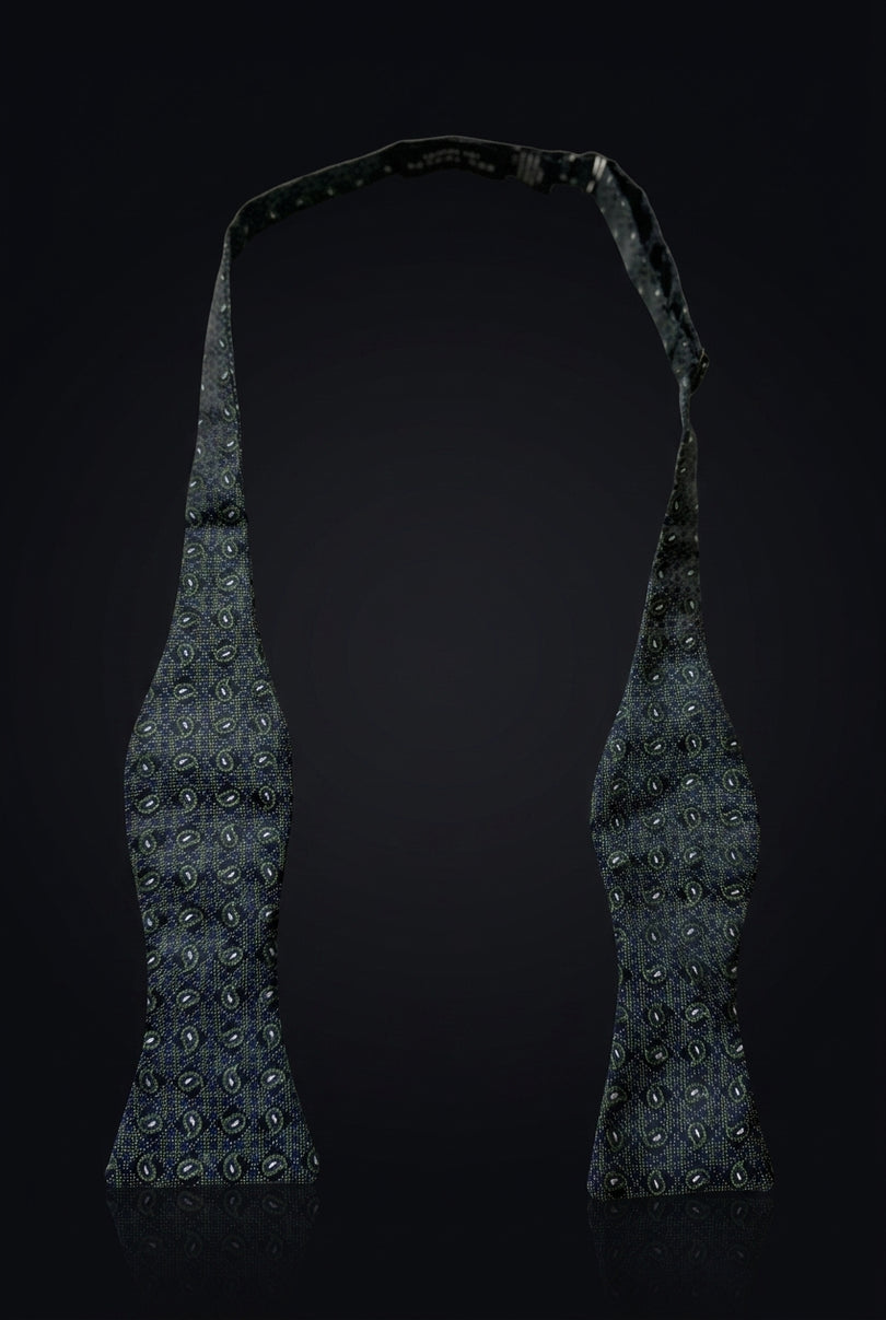 Self-Tie Bow Tie - Navy Green Paisley - untied