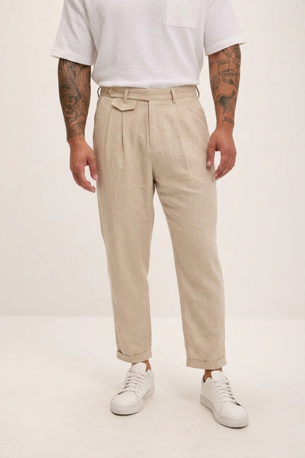 Relaxed Fit Linen Blend Pants - Beige