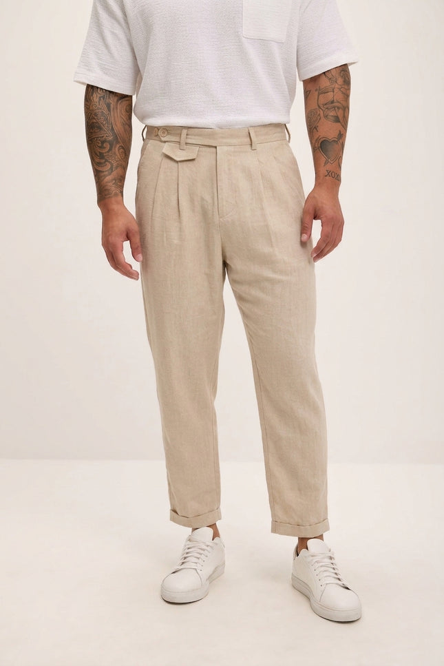 Relaxed Fit Linen Blend Pants - Beige