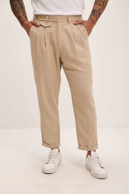 Relaxed Fit Linen Blend Pants - Beige