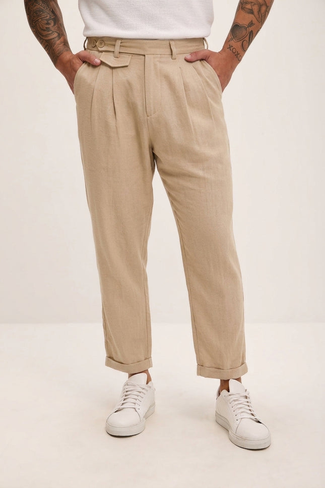Relaxed Fit Linen Blend Pants - Beige