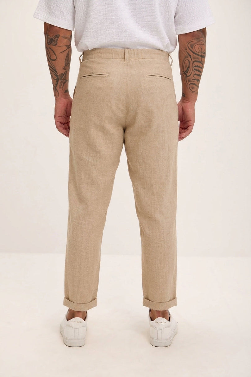 Relaxed Fit Linen Blend Pants - Beige - 3