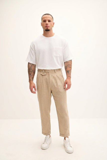 Relaxed Fit Linen Blend Pants - Beige