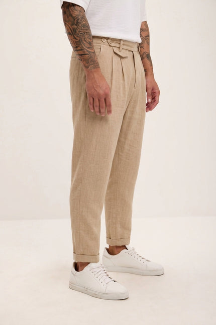 Relaxed Fit Linen Blend Pants - Beige