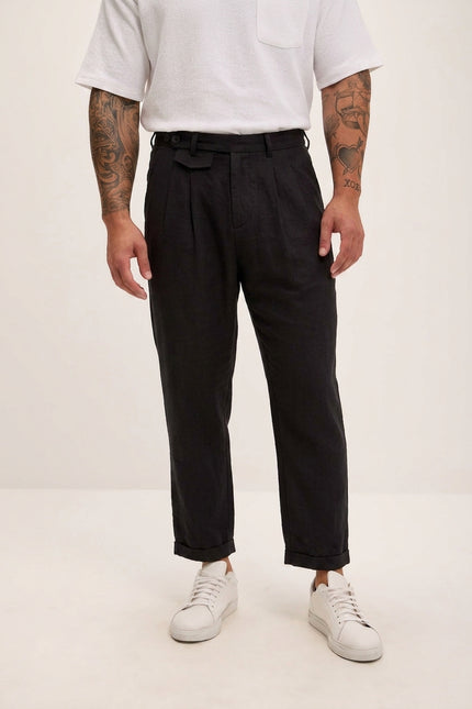Relaxed Fit Linen Blend Pants - Black