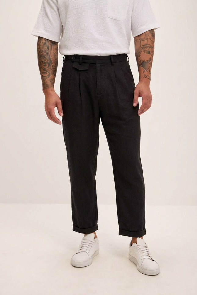 Relaxed Fit Linen Blend Pants - Black