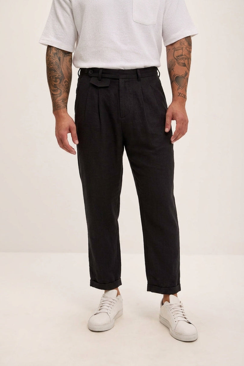 Relaxed Fit Linen Blend Pants - Black - 1