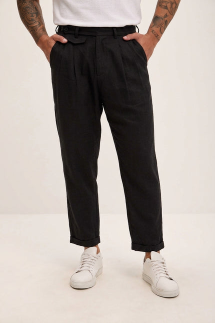 Relaxed Fit Linen Blend Pants - Black