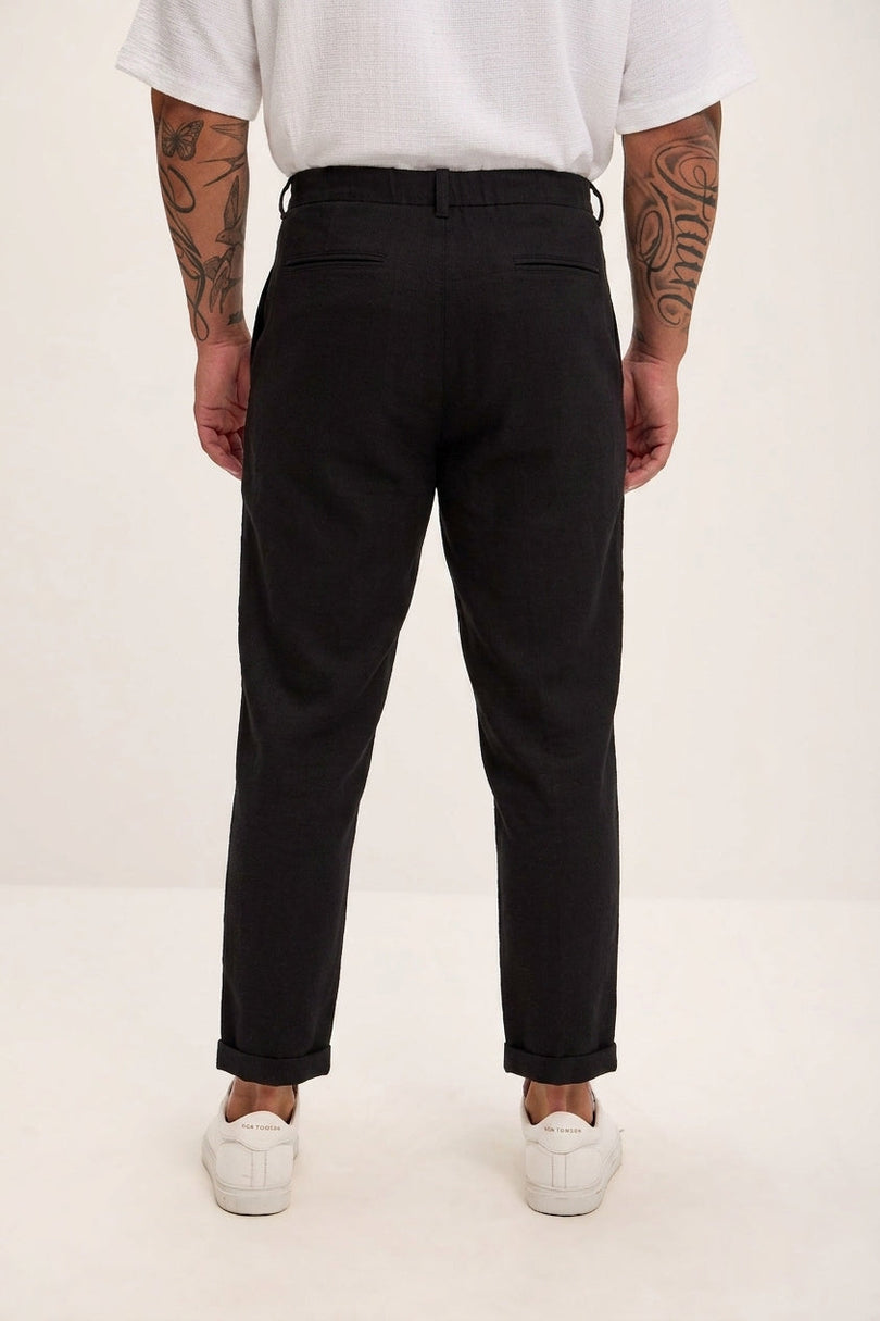 Relaxed Fit Linen Blend Pants - Black - 3
