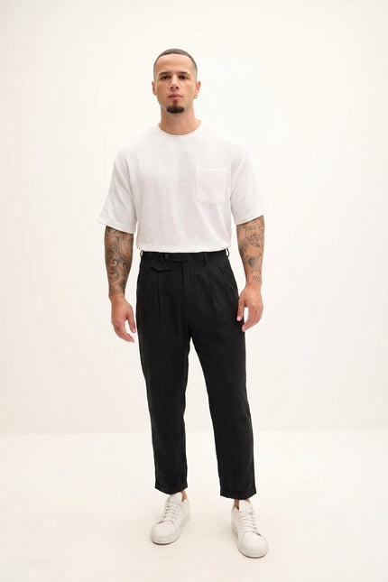 Relaxed Fit Linen Blend Pants - Black