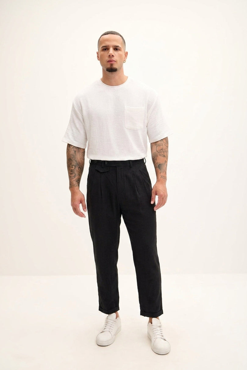 Relaxed Fit Linen Blend Pants - Black - 4