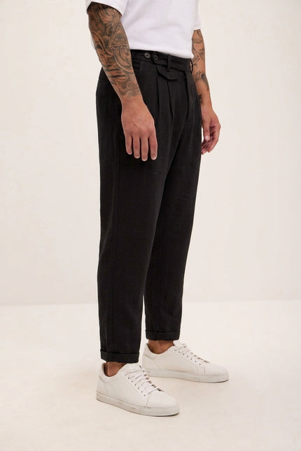 Relaxed Fit Linen Blend Pants - Black