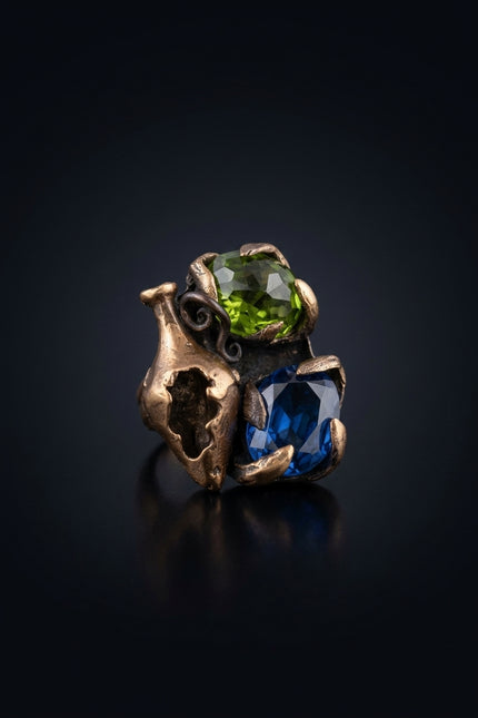Brooch - Bronze, Green, Blue abstract organic cluster with vase and gemstones - angle