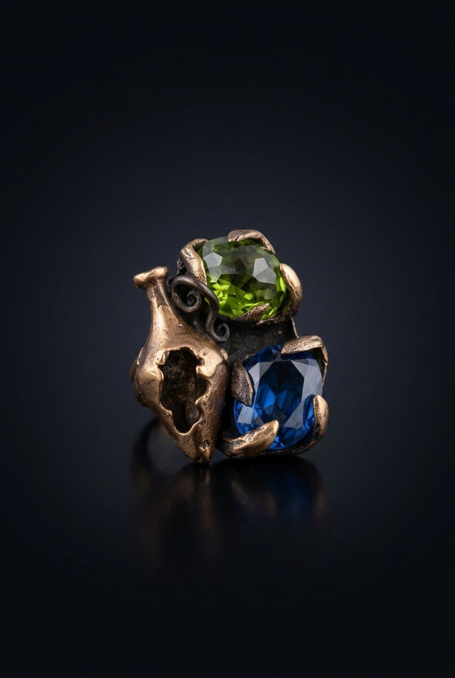 Brooch - Bronze, Green, Blue abstract organic cluster with vase and gemstones - angle