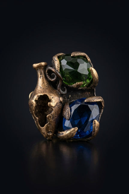 Brooch - Bronze, Green, Blue abstract organic cluster with vase and gemstones - front