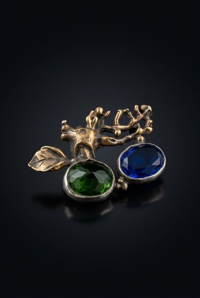 Brooch - Green, Blue, Silver, Gold abstract organic with oval gemstones - angle