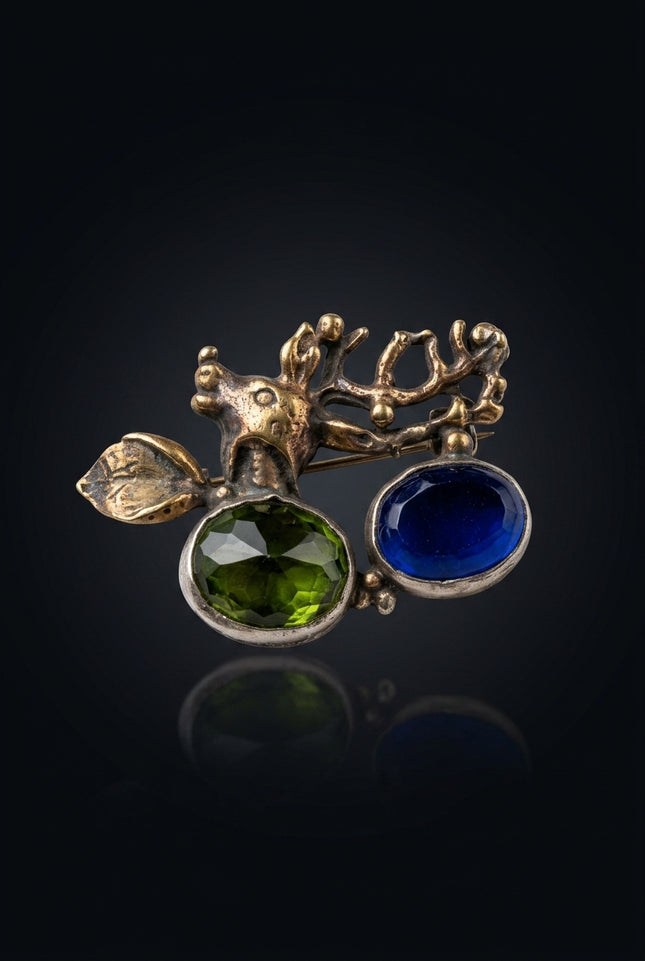 Brooch - Green, Blue, Silver, Gold abstract organic with oval gemstones - front