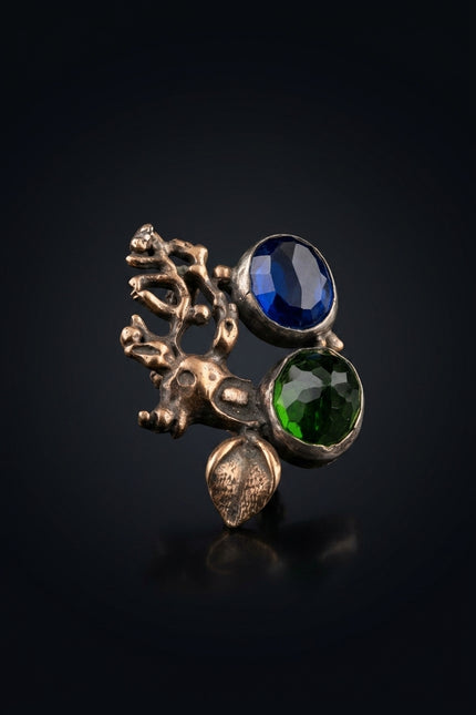 Brooch - Silver, Gold, Blue, Green organic, abstract, round stones - angle