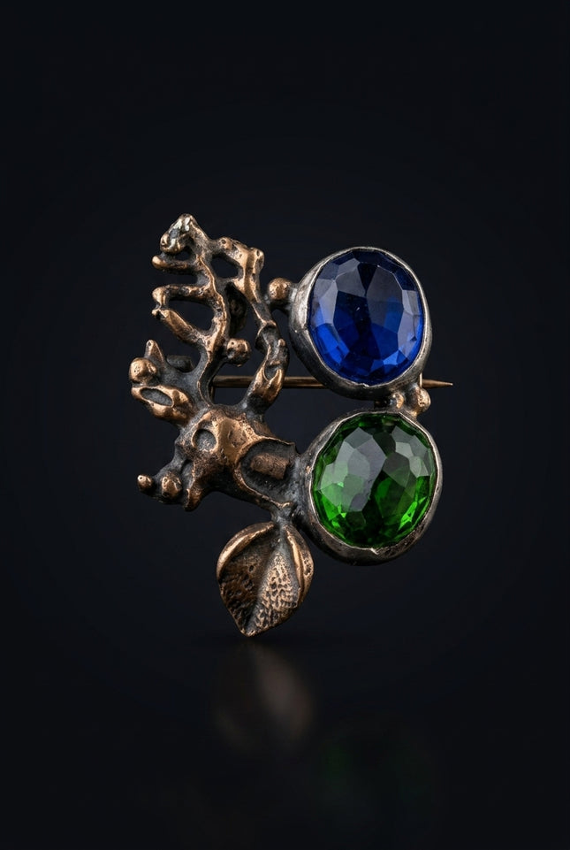 Brooch - Silver, Gold, Blue, Green organic, abstract, round stones - front