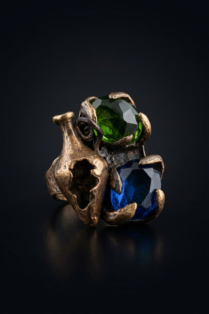 Brooch - Bronze, Green, Blue abstract vase with two faceted stones - angle
