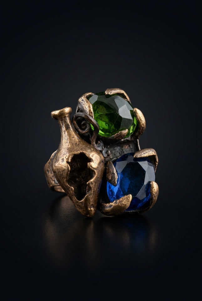 Brooch - Bronze, Green, Blue abstract vase with two faceted stones - angle