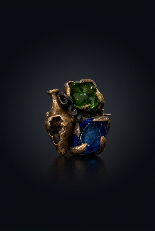 Brooch - Bronze, Green, Blue abstract vase with two faceted stones - front