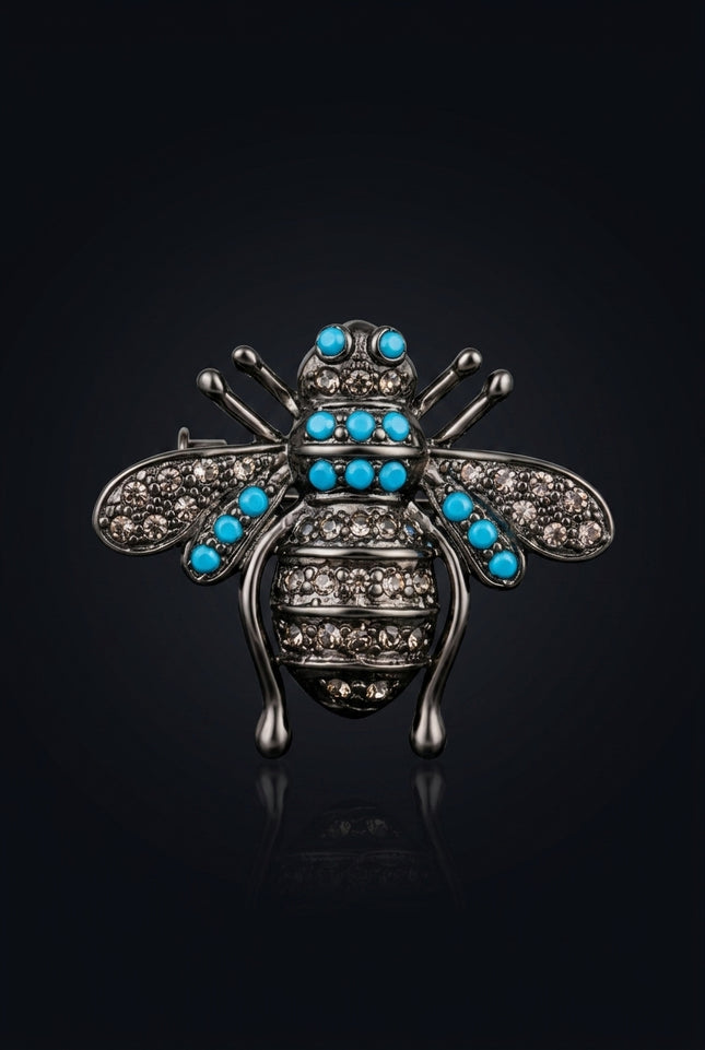 Brooch - Dark Grey And Blue bee shape - front