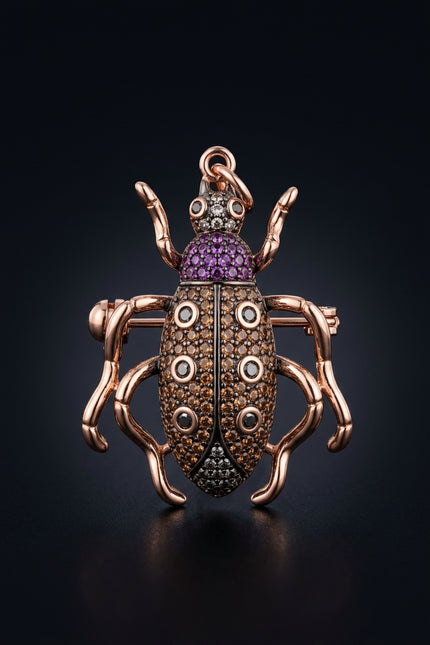 Brooch - Rose Gold, Multicolor beetle - front