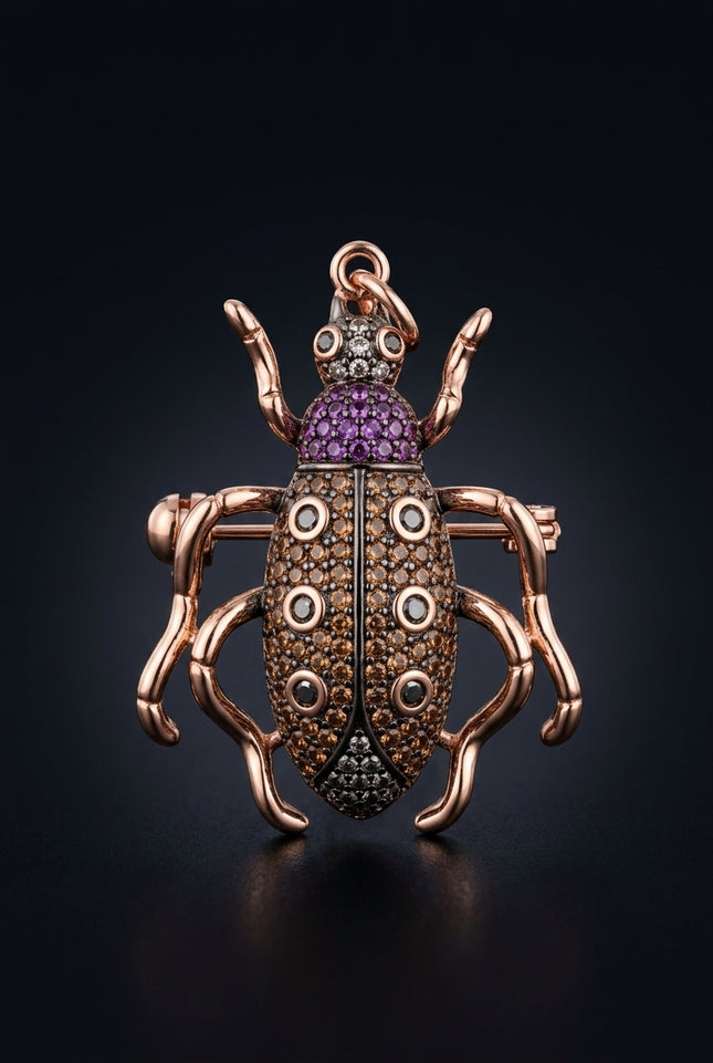 Brooch - Rose Gold, Multicolor beetle - front
