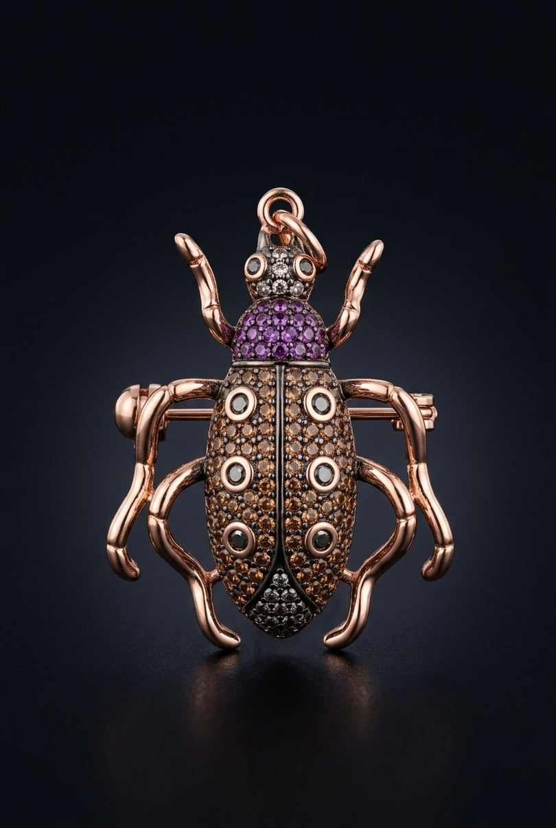 Brooch - Rose Gold, Multicolor beetle - front