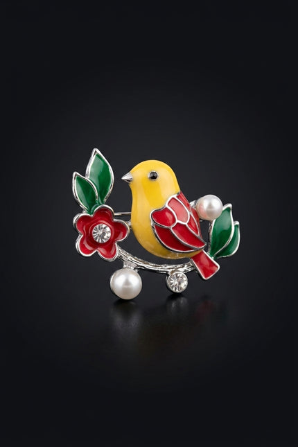 Brooch - Silver|Red|Yellow|Green|White bird on branch with flower and pearls - angle