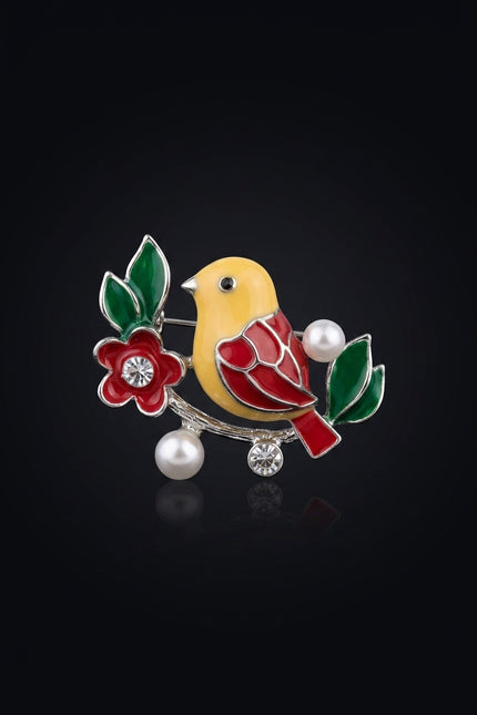 Brooch - Silver|Red|Yellow|Green|White bird on branch with flower and pearls - front