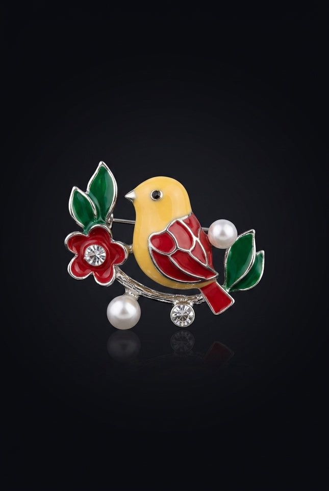 Brooch - Silver|Red|Yellow|Green|White bird on branch with flower and pearls - front