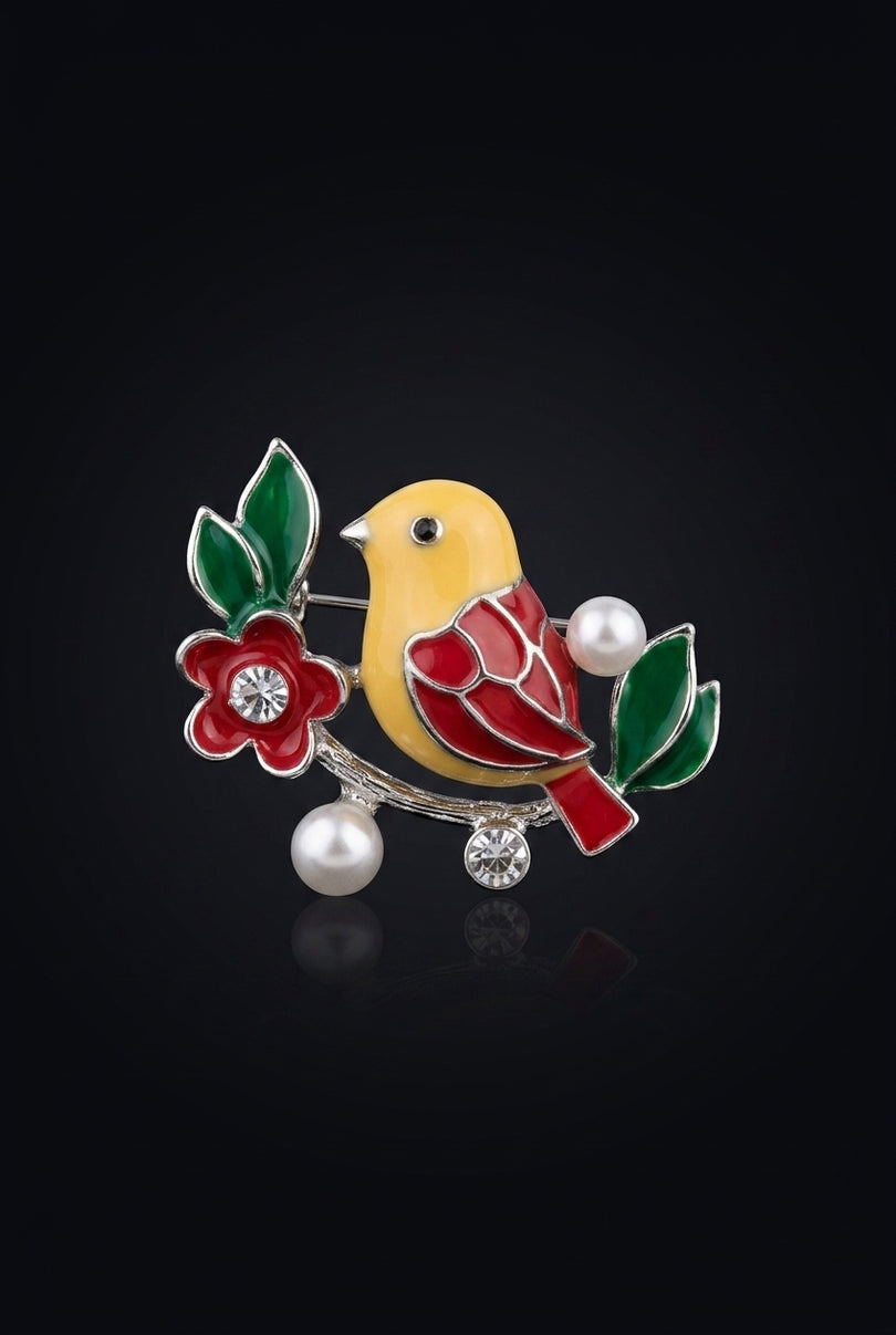 Brooch - Silver|Red|Yellow|Green|White bird on branch with flower and pearls - front