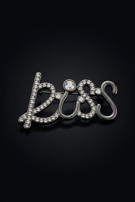 Brooch - Dark Grey, Clear script word "BOSS" - angle
