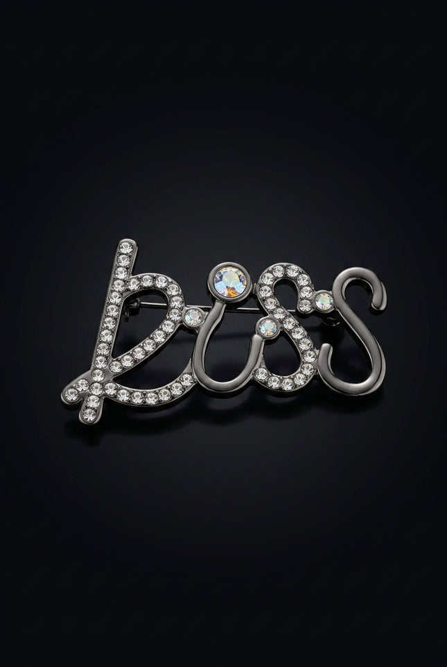 Brooch - Dark Grey, Clear script word "BOSS" - angle