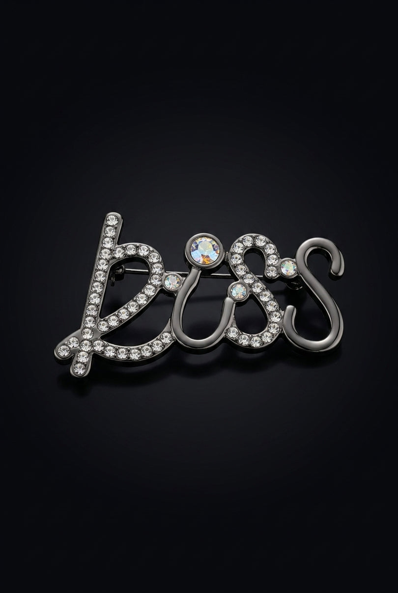 Brooch - Dark Grey, Clear script word "BOSS" - angle