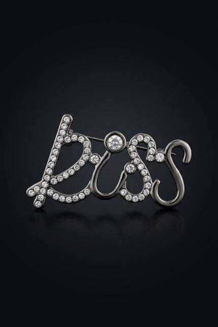 Brooch - Dark Grey, Clear script word "BOSS" - front