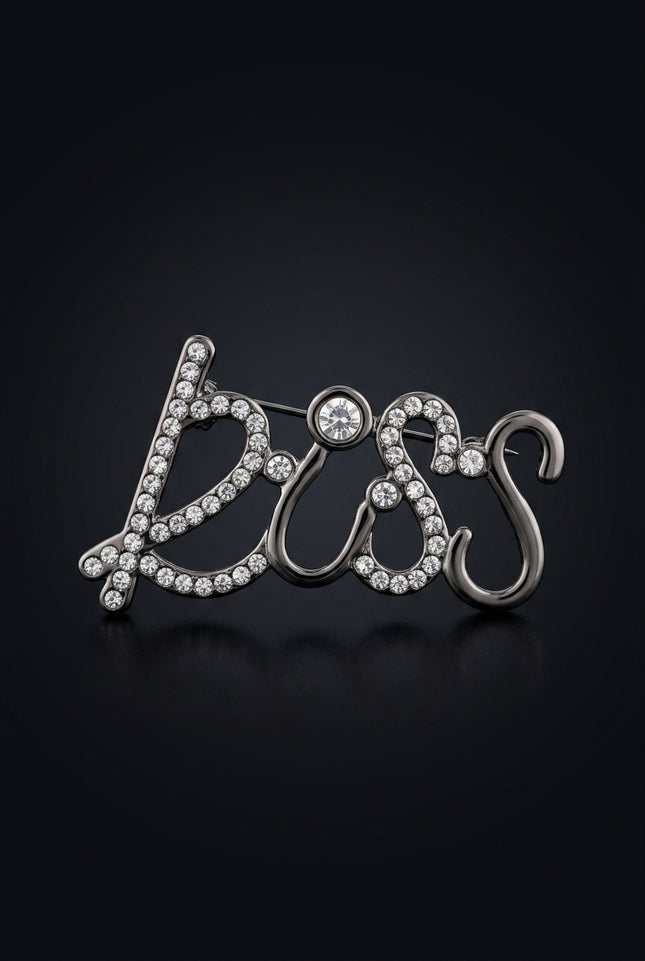 Brooch - Dark Grey, Clear script word "BOSS" - front
