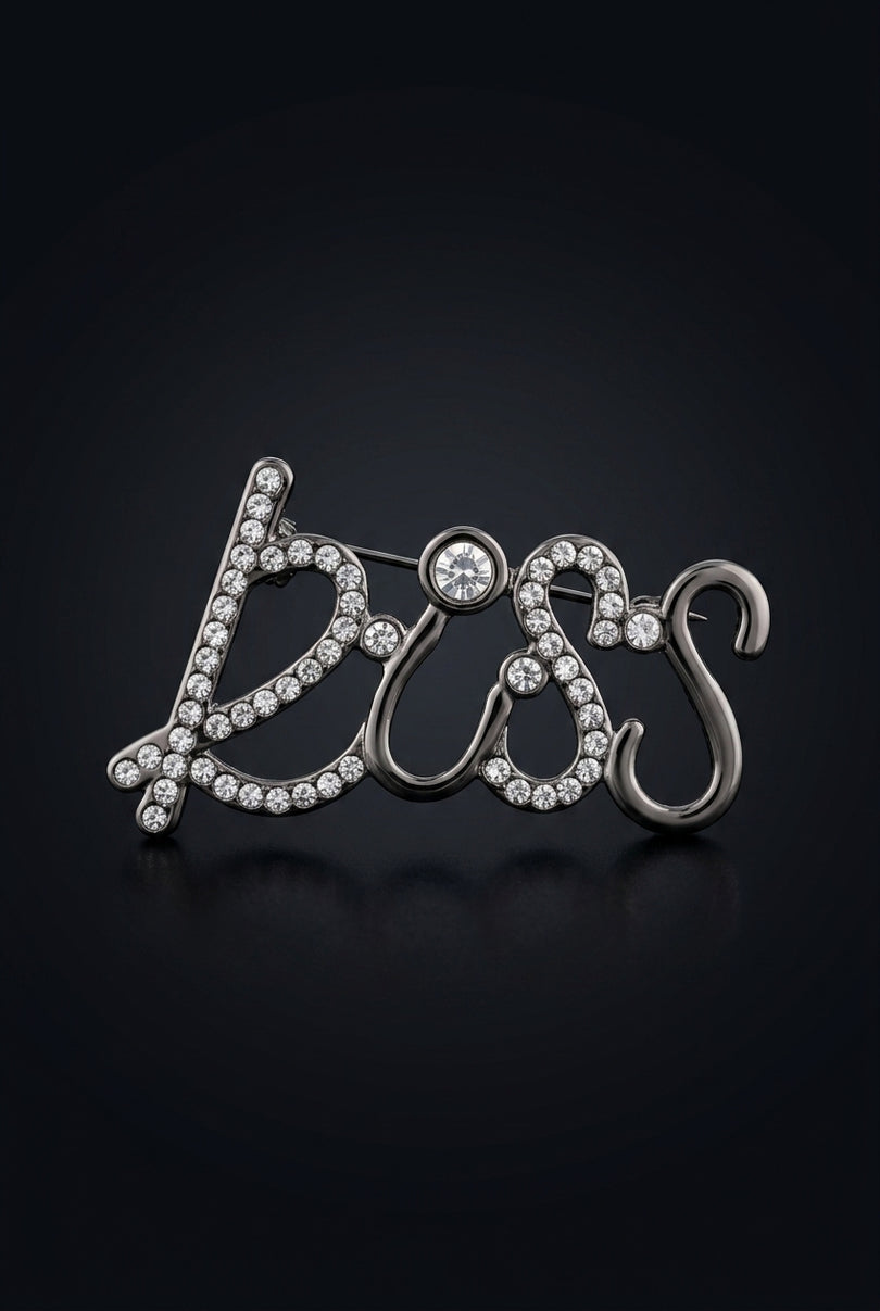 Brooch - Dark Grey, Clear script word "BOSS" - front