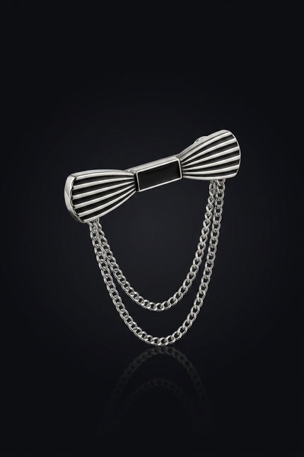 Brooch - Silver, Black bow-tie with chains - angle