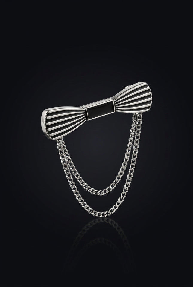 Brooch - Silver, Black bow-tie with chains - angle