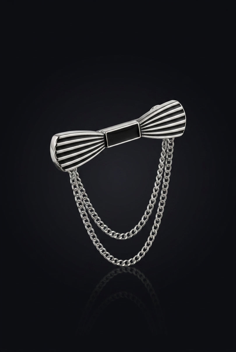 Brooch - Silver, Black bow-tie with chains - angle