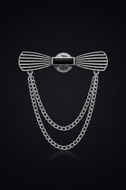 Brooch - Silver, Black bow-tie with chains - front