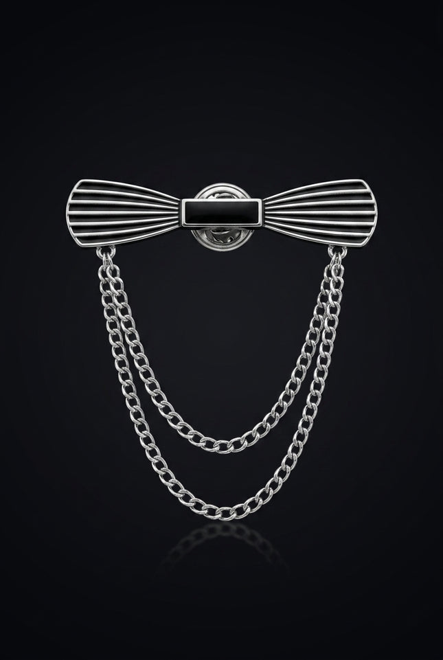 Brooch - Silver, Black bow-tie with chains - front