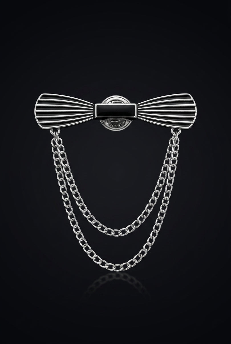 Brooch - Silver, Black bow-tie with chains - front